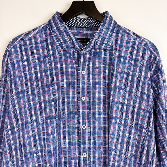 Bugatchi Shaped Fit Blue Red Check Dress Shirt Performance - 2XL XXL - Picture 3 of 10